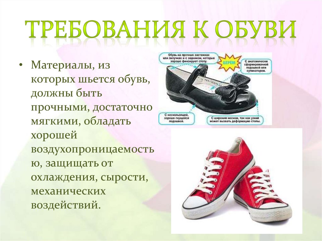 Требования спортивной обуви. Презентация обуви. Игиенических требований к одежде и обуви". Требования к обуви. Гигиенические требования к обуви.