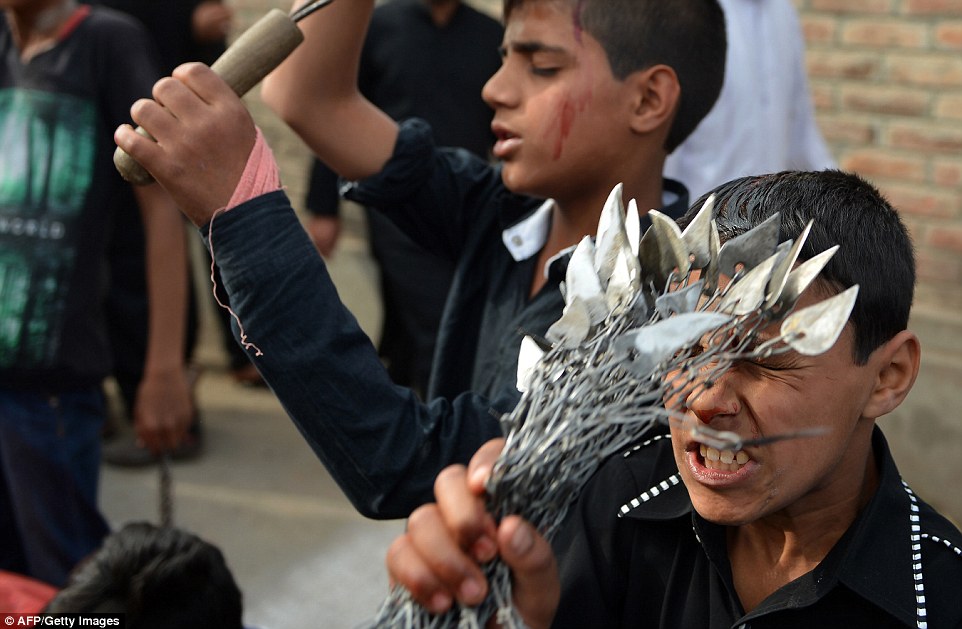 Even teenagers and young children take part in the bloody ritual. These photos show boys self-flagellating in India